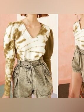 Ulla Johnson Jude SweatShirt Olive & White Tie-Dye Neckline Volume Puff Sleeve